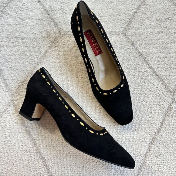 Vaneli Vintage 80s/90s Black Suede Pumps With Gold Studded Embellishments sz 9 - Picture 1 of 8